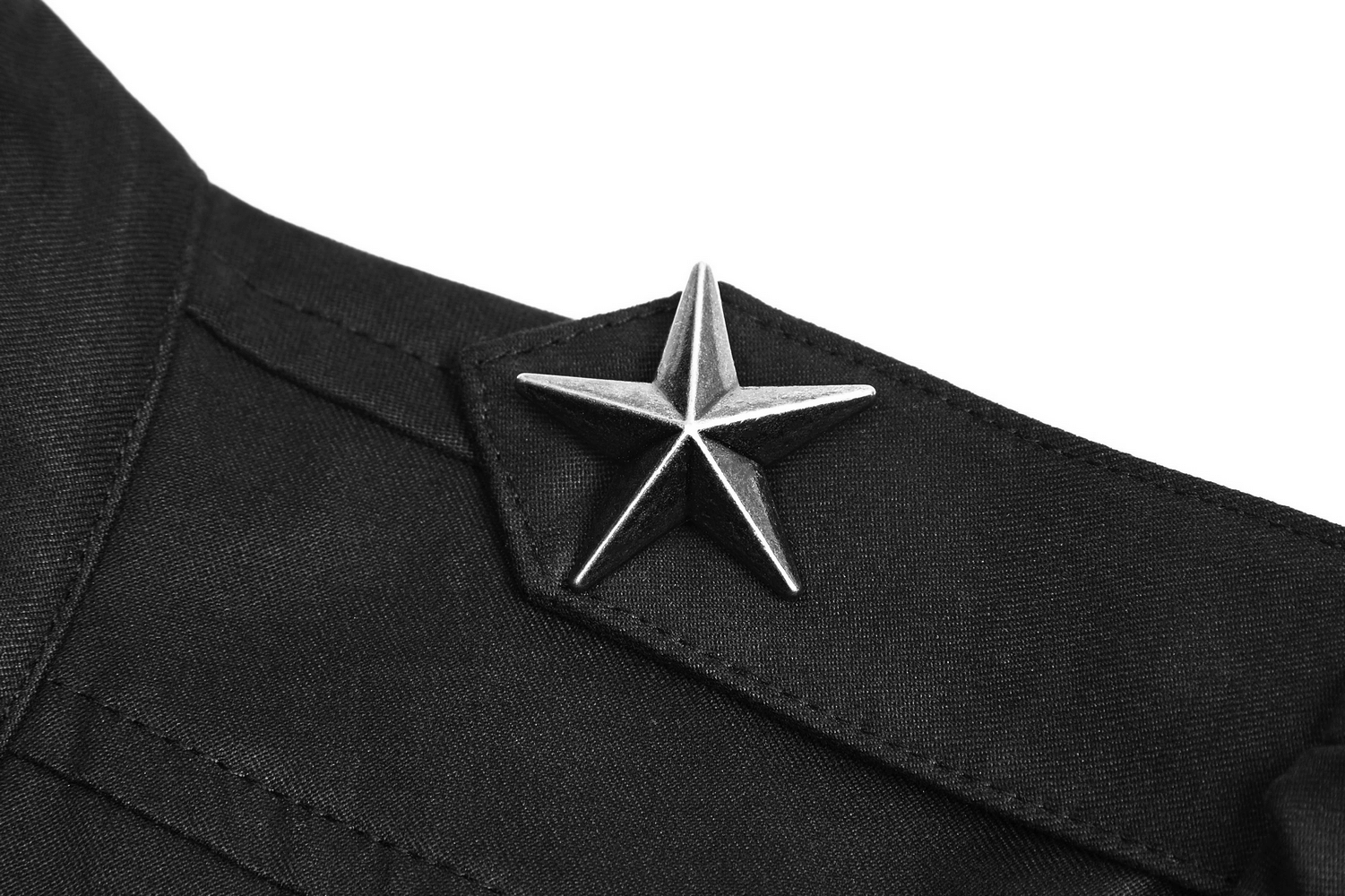 Close-up of a gothic military shirt collar with a silver star insignia detail, showcasing vintage style and craftsmanship.