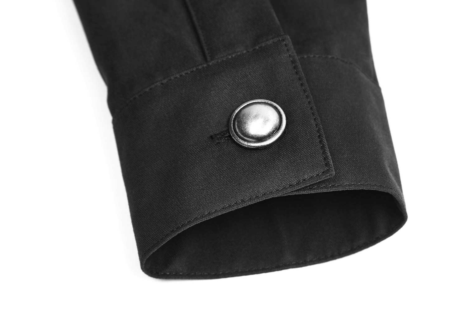 Close-up of the cuff design on a women's gothic military button-up shirt, featuring a shiny button and sleek twill fabric.