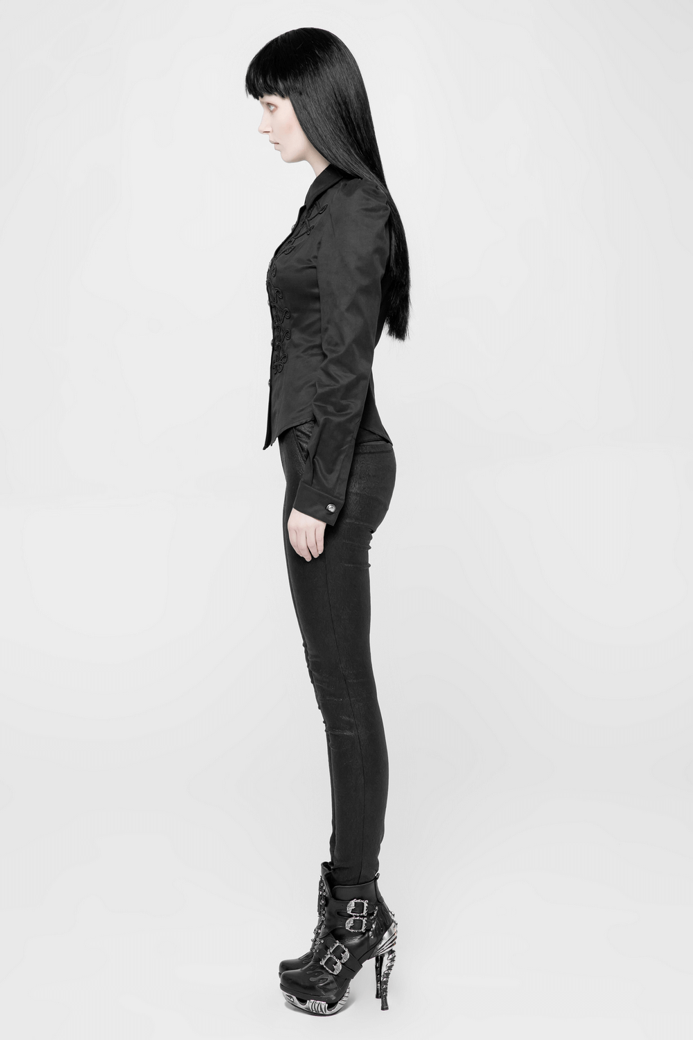 Women's gothic military-inspired button-up shirt showcasing vintage twill fabric and structured fit in a sleek side profile.