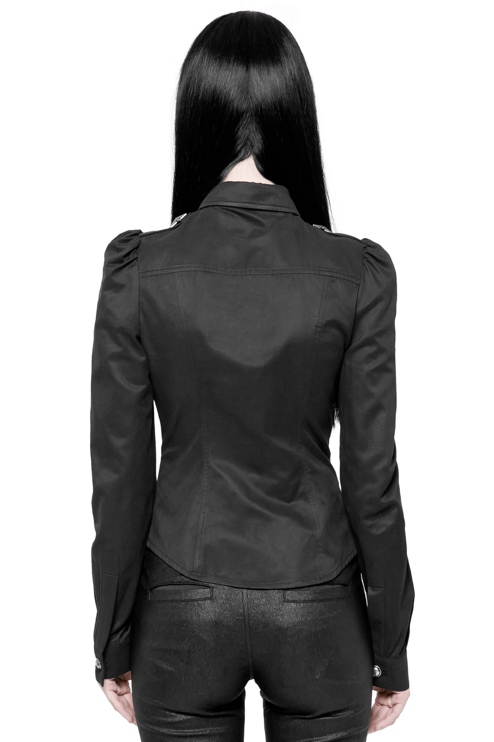 Women's gothic military-inspired button-up shirt, showcasing back view with structured fit and elegant design.