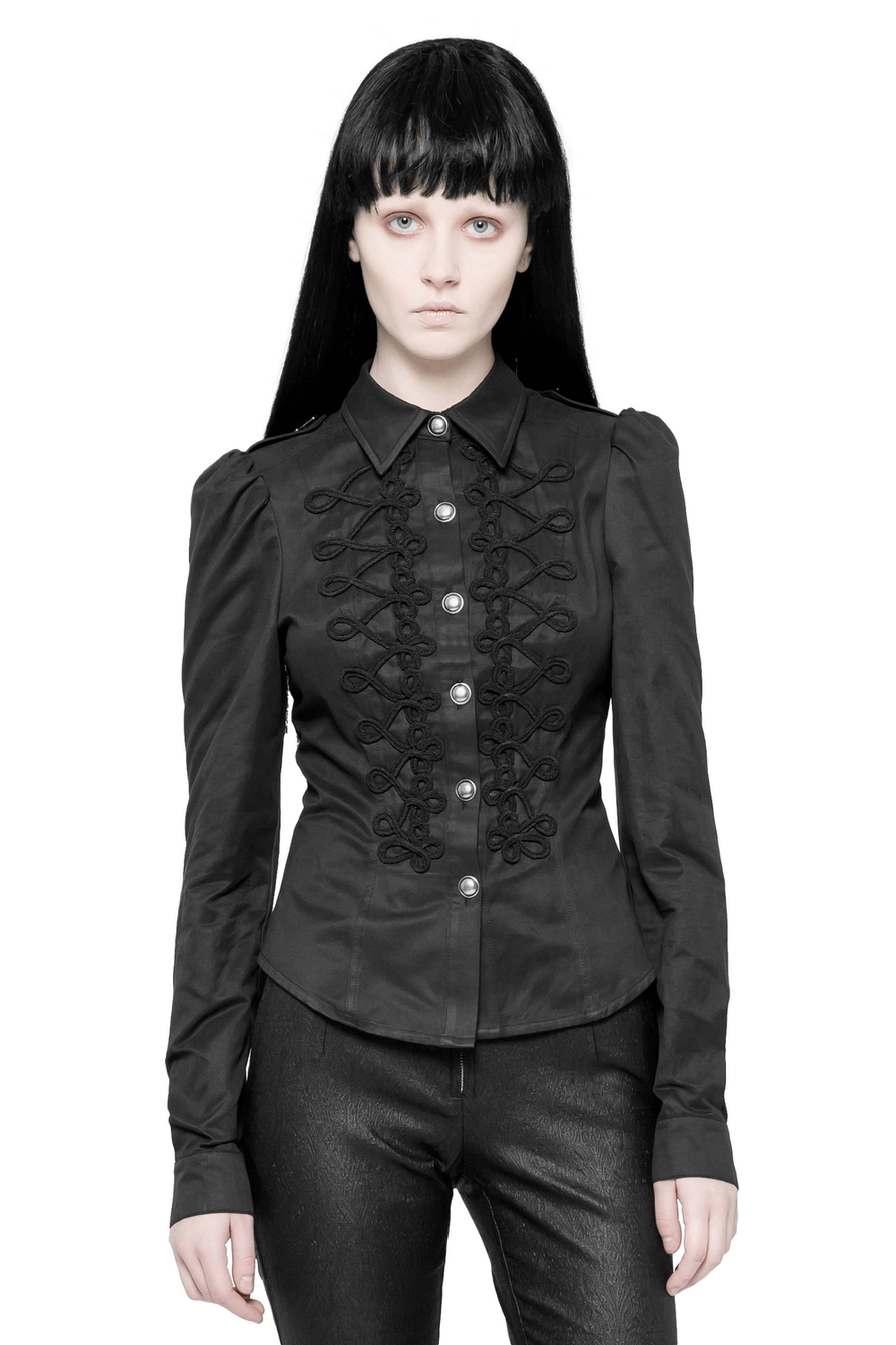 Women's gothic military-inspired black button-up shirt with retro loops and structured fit, styled elegantly.