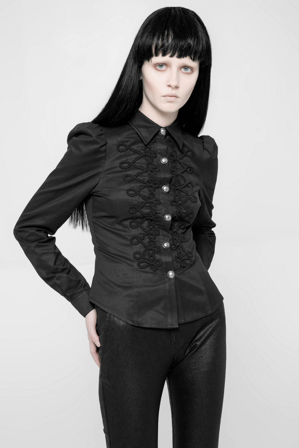 Women's gothic military button-up shirt with vintage loops and structured fit, perfect for a bold, stylish look.