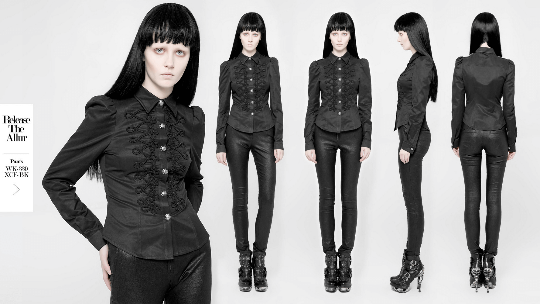 Women's gothic button-up military shirt in vintage twill, styled with retro loops and fitted black pants, showcasing elegant design.