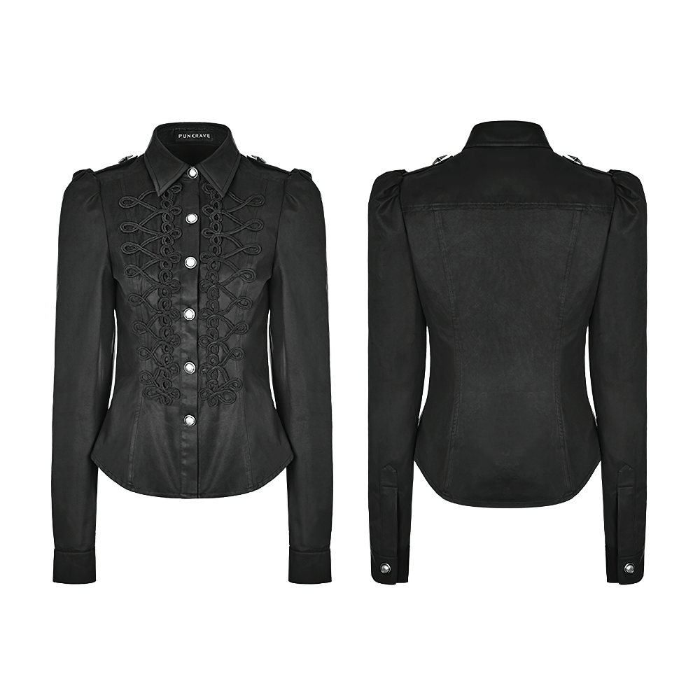 Women's gothic military-inspired button-up shirt with retro buttonhole loops and structured fit.