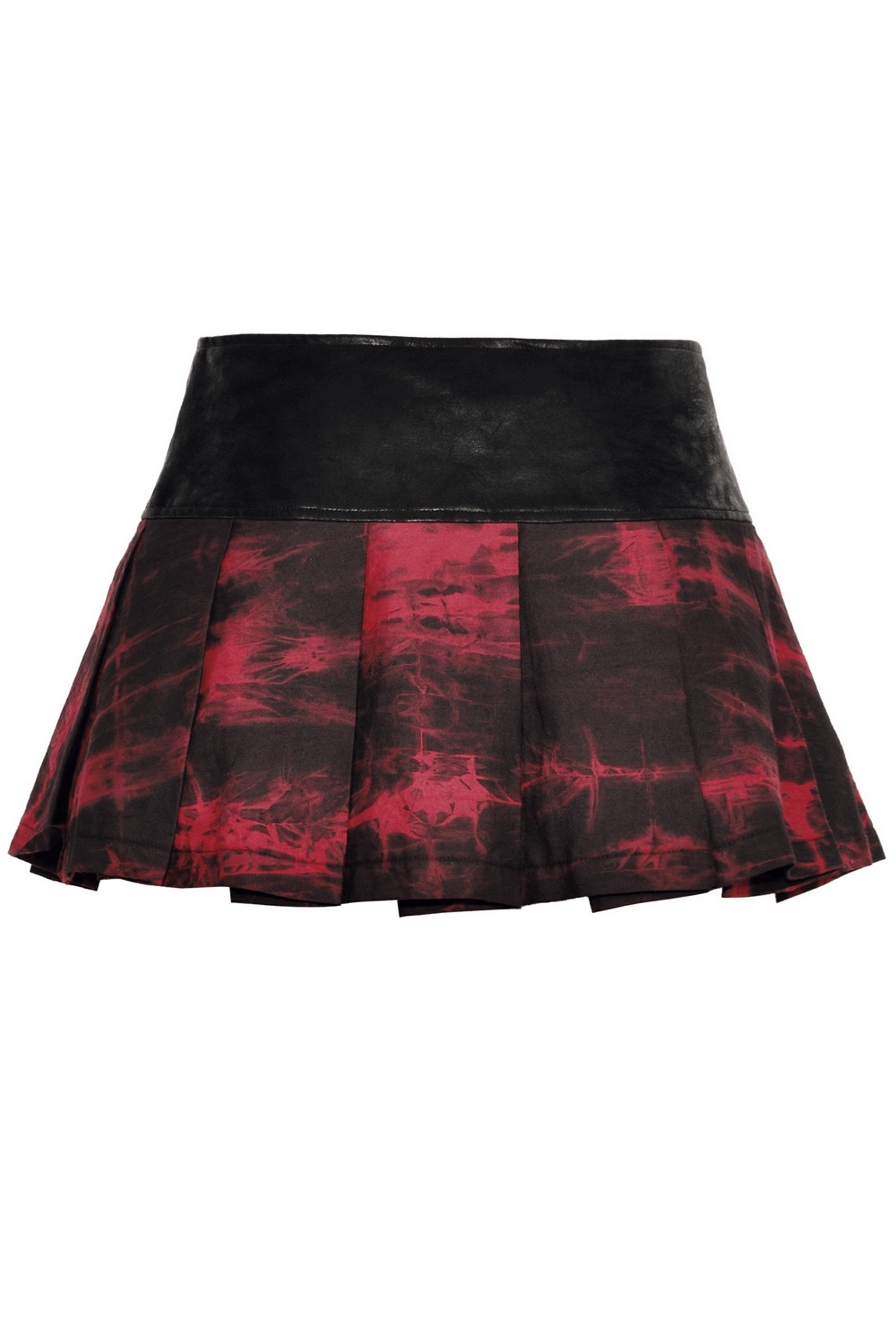 Women's gothic mini skirt in black and wine red marble print with edgy button details and pleated design.