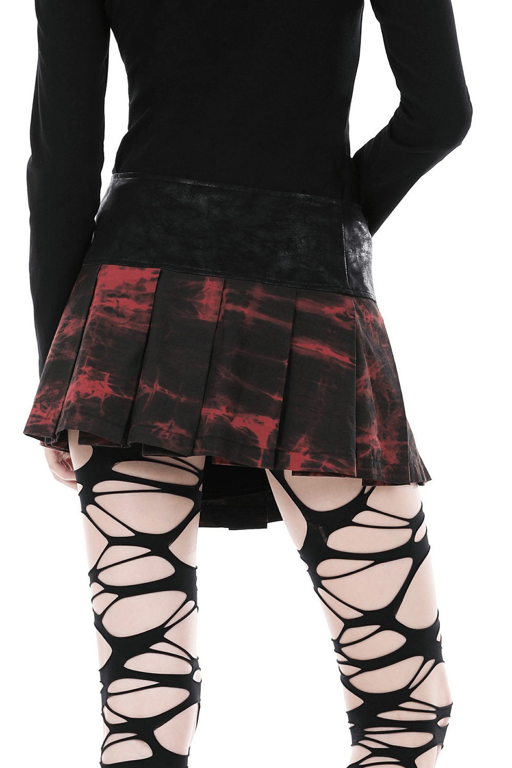 Back view of women's gothic mini skirt in black and wine red, paired with edgy cut-out leggings.