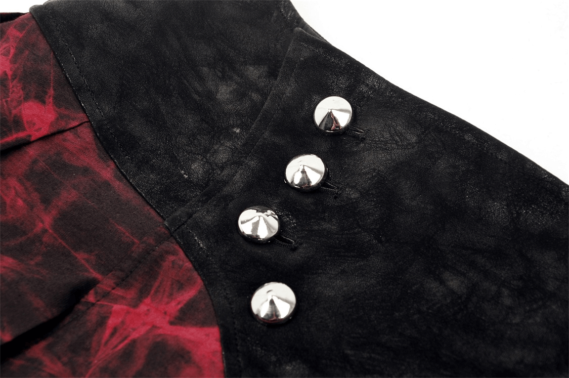 Close-up of edgy black and wine red mini skirt buttons, showcasing gothic punk rock style details.