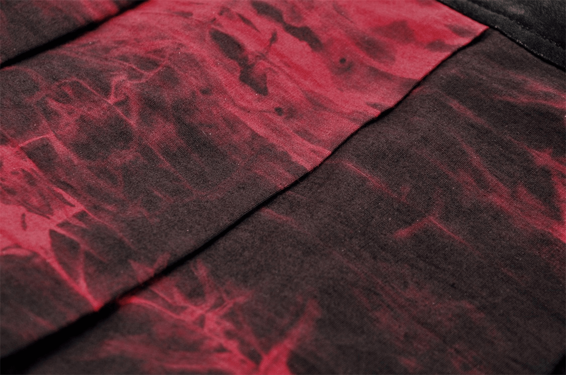 Close-up of black and wine red marble print fabric for women's gothic mini skirt, showcasing unique pleated design.