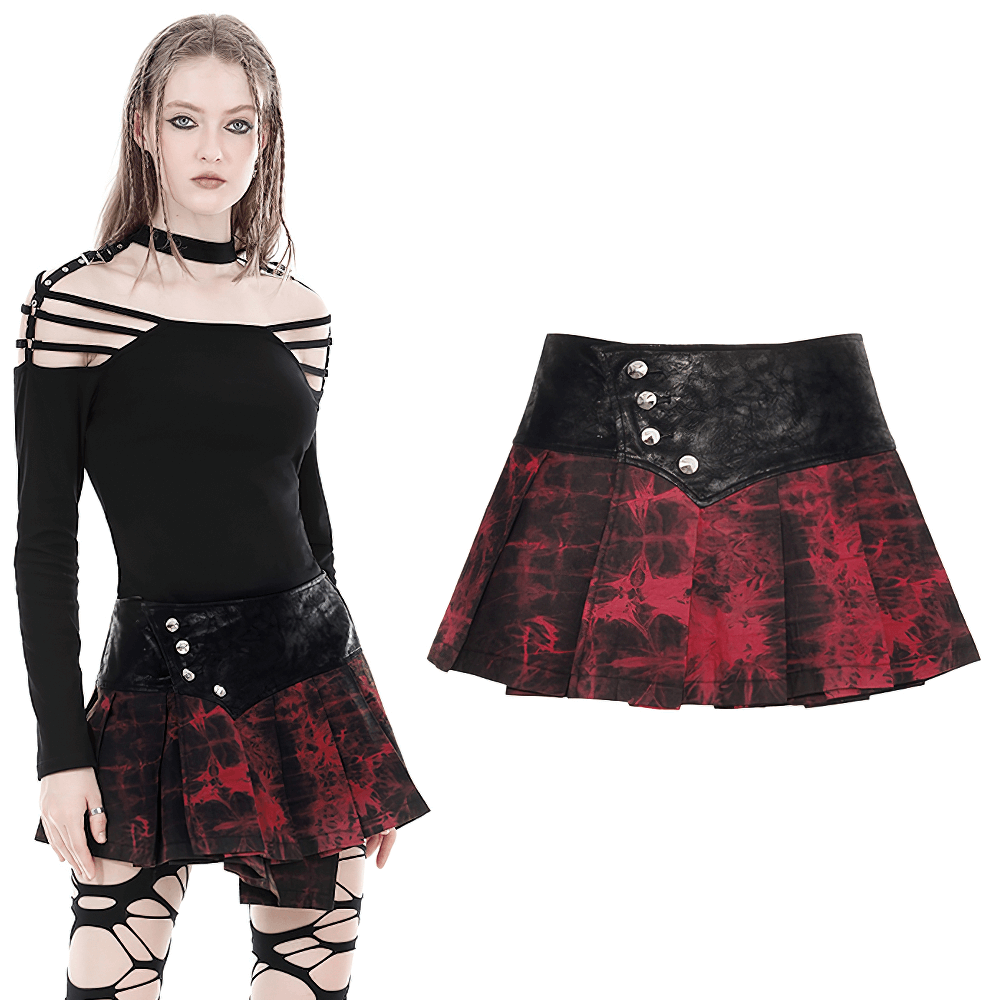Women's gothic mini skirt with edgy button details in black and wine red pleated design.