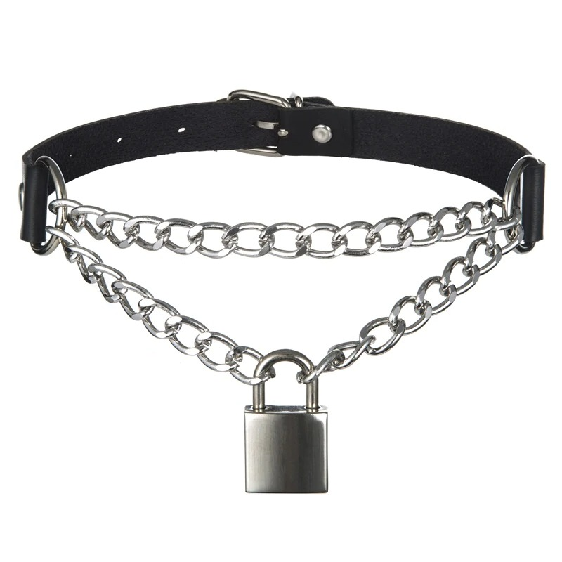 Women's Gothic Padlock Pendant / Chain Necklace / Black Leather Choker Collar - HARD'N'HEAVY