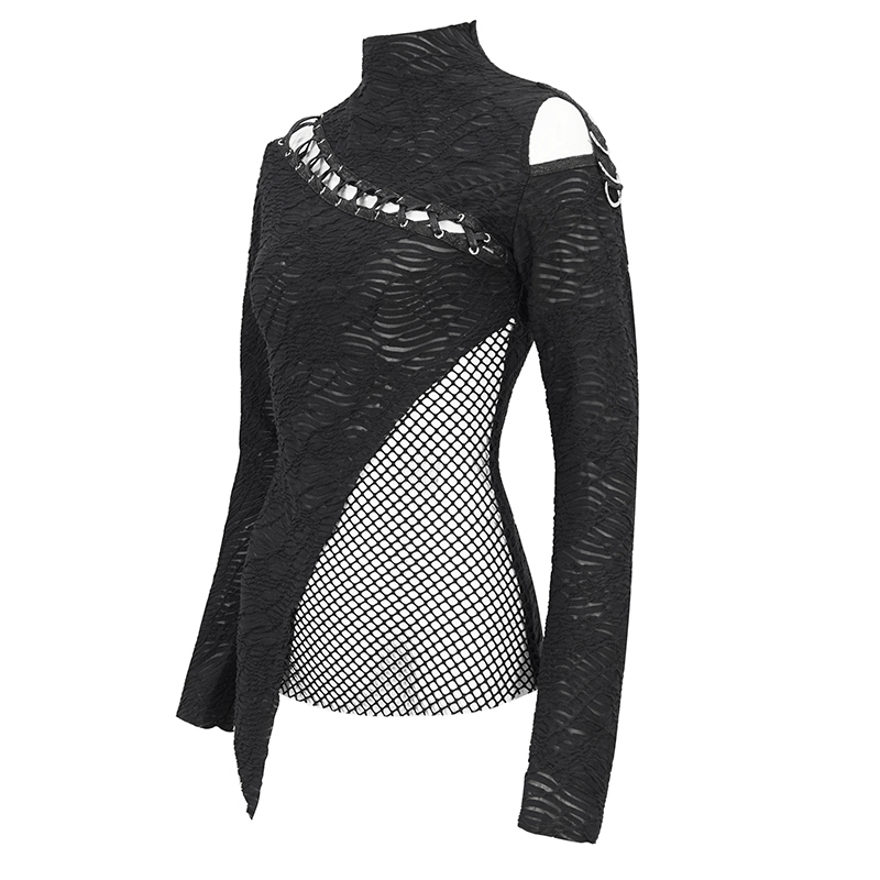 Women's Gothic patchwork top with irregular hem and half-high neck, featuring edgy mesh details.