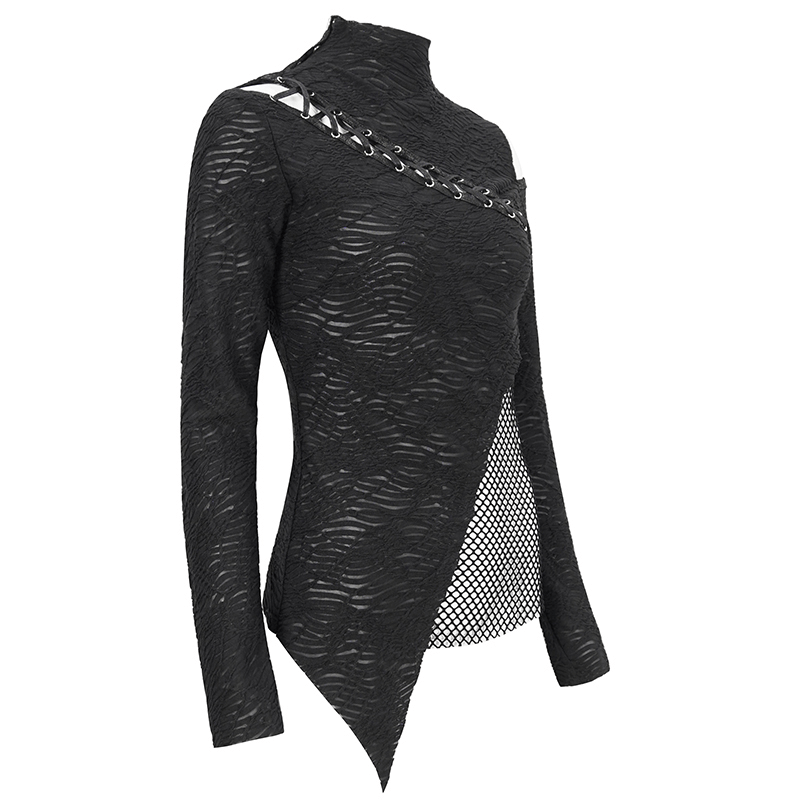Women's Gothic patchwork top with irregular hem and half-high neck, featuring edgy lace detailing and unique design.