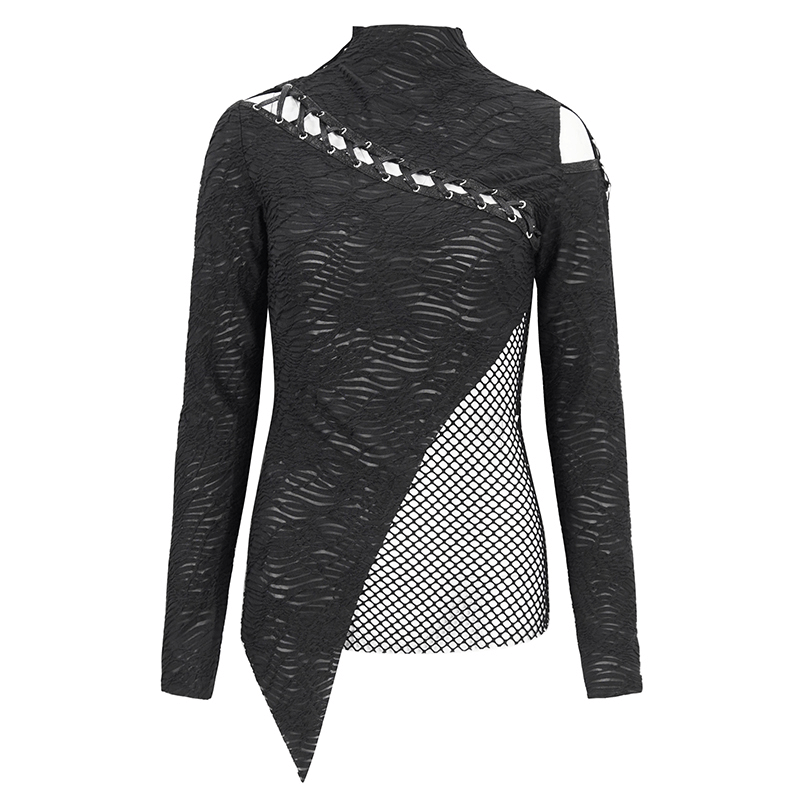 Women's Gothic patchwork top with irregular hem and half-high neck for edgy elegance.