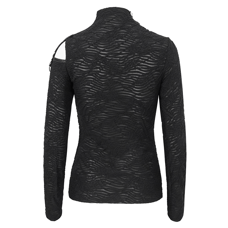 Back view of women's gothic patchwork top featuring an irregular hem and half-high neck in elegant black lace.