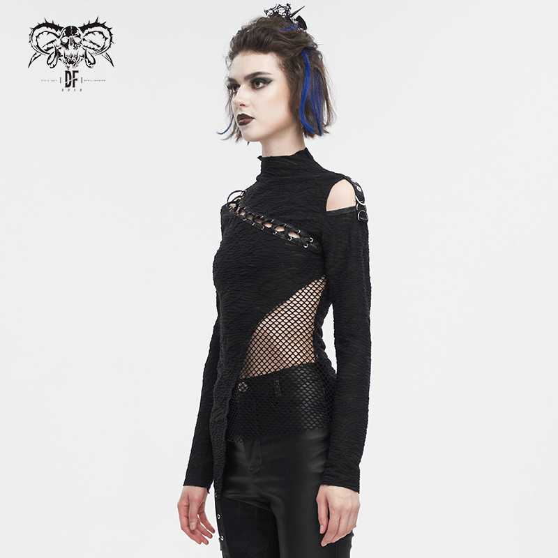 Women's gothic patchwork top with irregular hem, half-high neck, and edgy design featuring mesh accents.