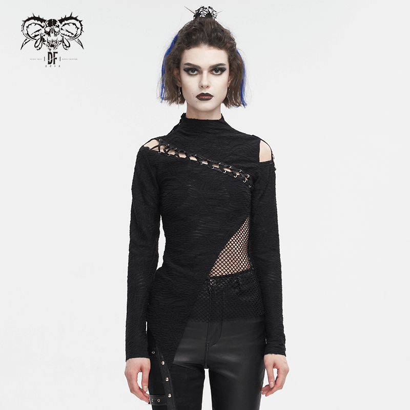 Women's Gothic Patchwork Top with Irregular Hem and Half-High Neck - HARD'N'HEAVY