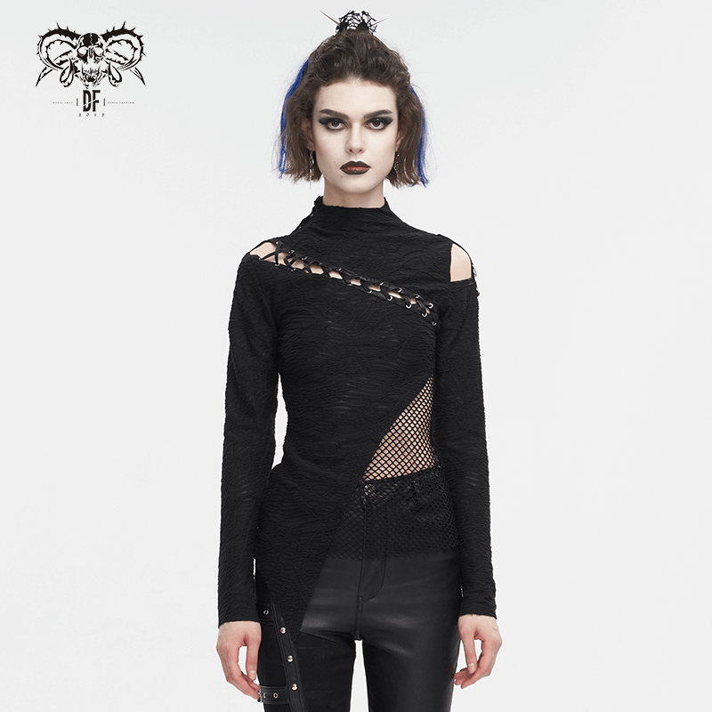 Women's gothic black top with unique cutouts, half-high neck, and fishnet detailing for an edgy alternative look.