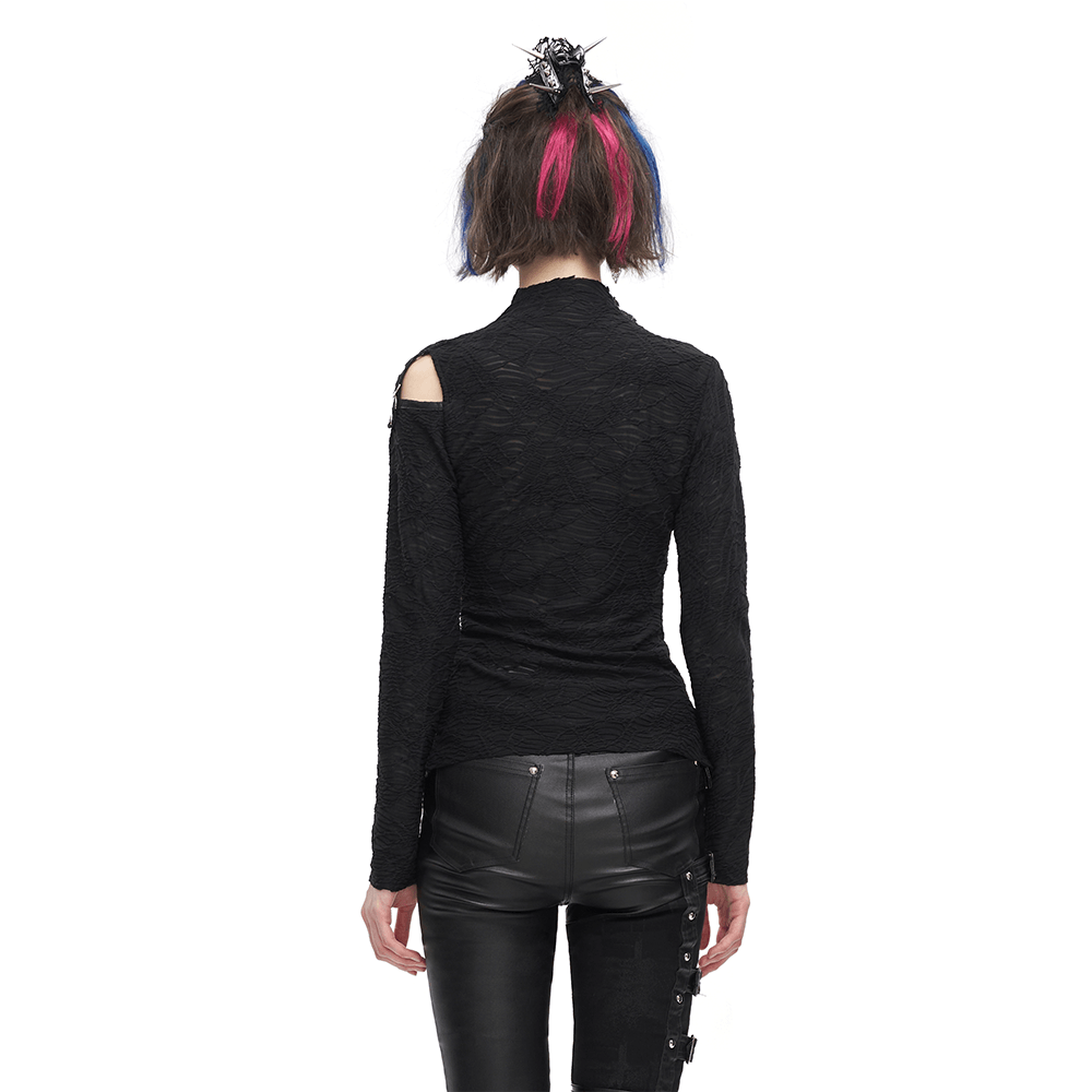 Women's Gothic Patchwork Top with Irregular Hem and Half-High Neck - HARD'N'HEAVY