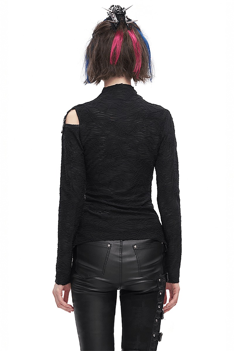 Back view of a women's gothic patchwork top with irregular hem and half-high neck, paired with black leather pants.