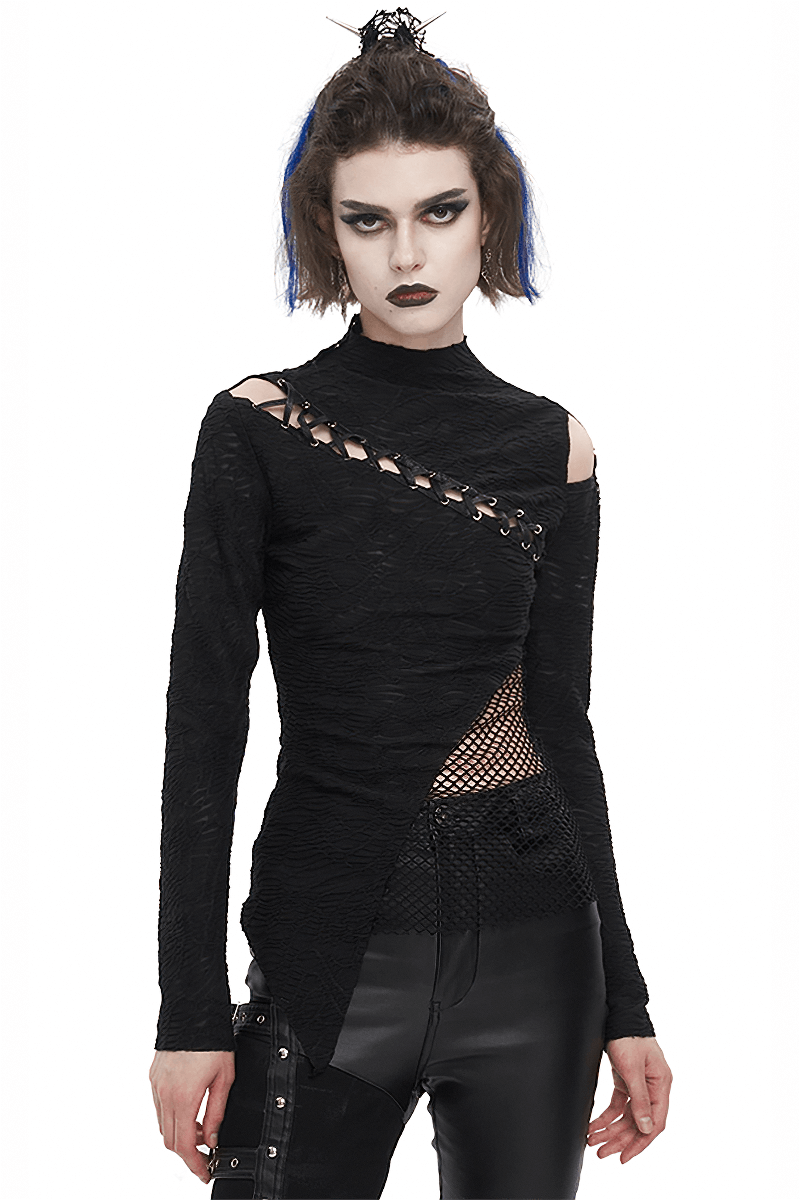 Women's gothic patchwork top with irregular hem and half-high neck, showcasing edgy alternative fashion.