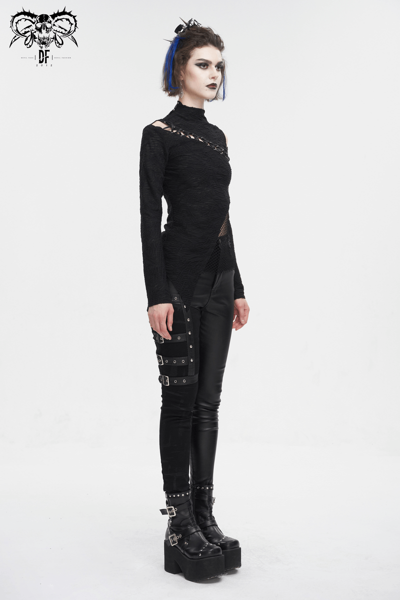 Women's Gothic Patchwork Top with Irregular Hem, Half-High Neck, stylishly paired with edgy accessories.