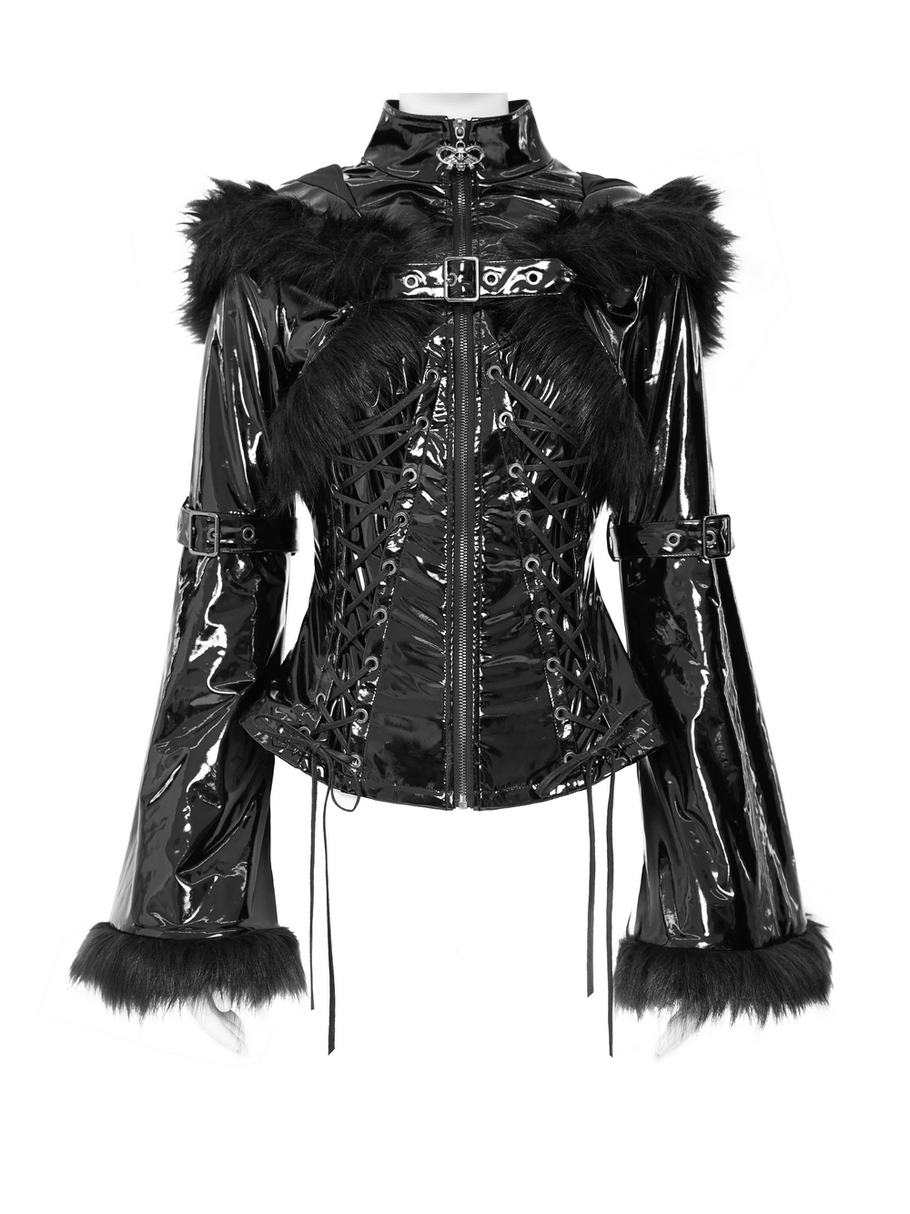 Chaqueta gótica de charol para mujer con capucha y piel sintética