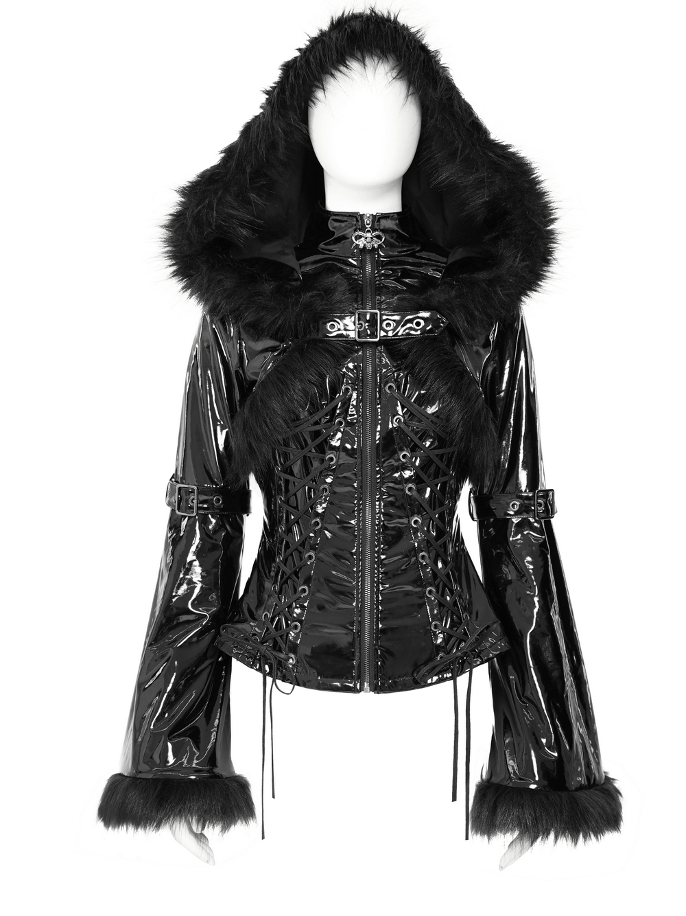 Chaqueta gótica de charol para mujer con capucha y piel sintética