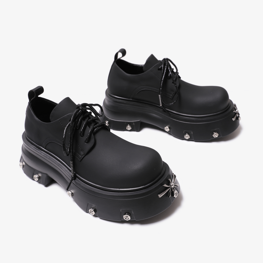 Women's Gothic Platform Derby Shoes with Spider Charm featuring studs and chunky sole for an edgy look.