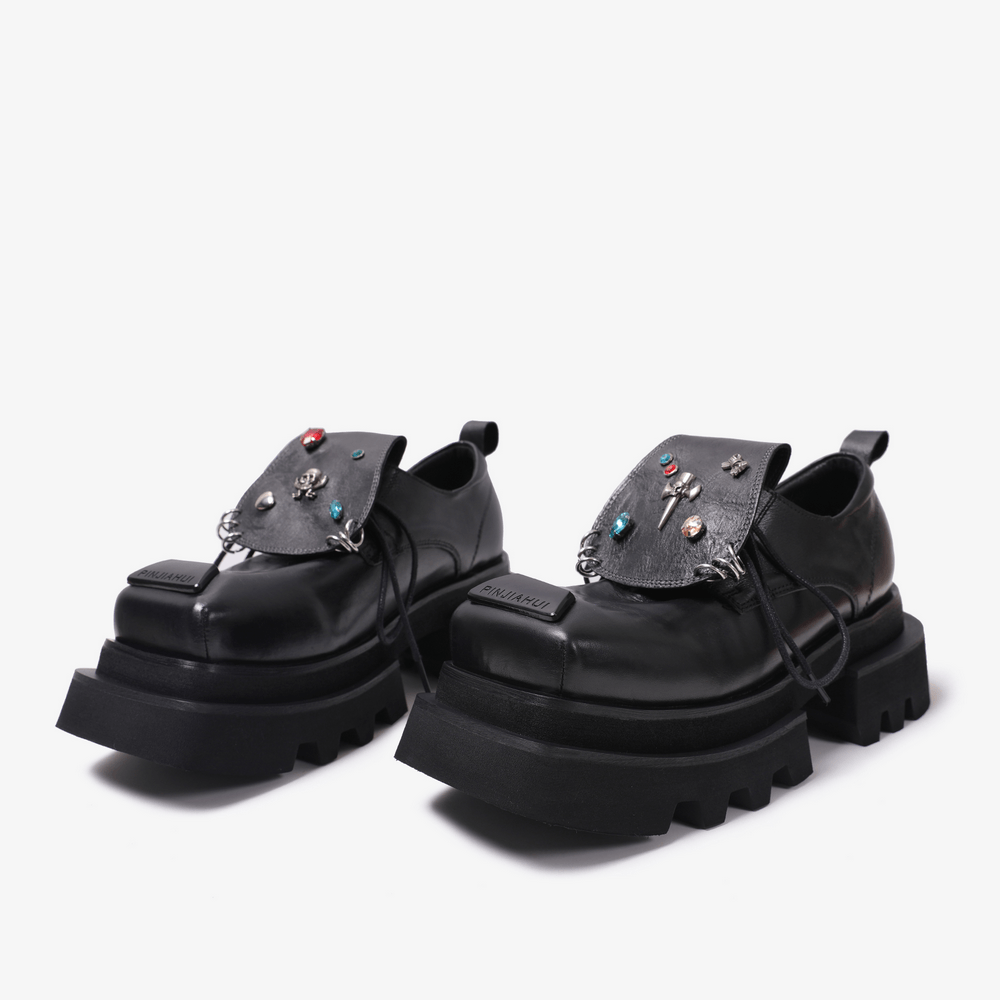 Women's Gothic Platform Loafers with Jeweled Flaps black chunky punk loafers with charms, metal details and lug soles