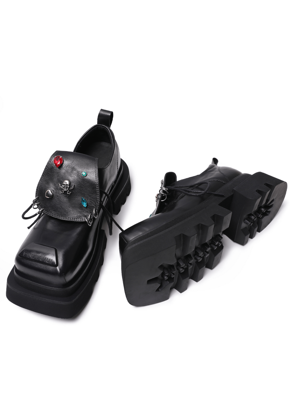 Women's Gothic Platform Loafers with Jeweled Flaps, chunky black punk shoes with charms and metal details