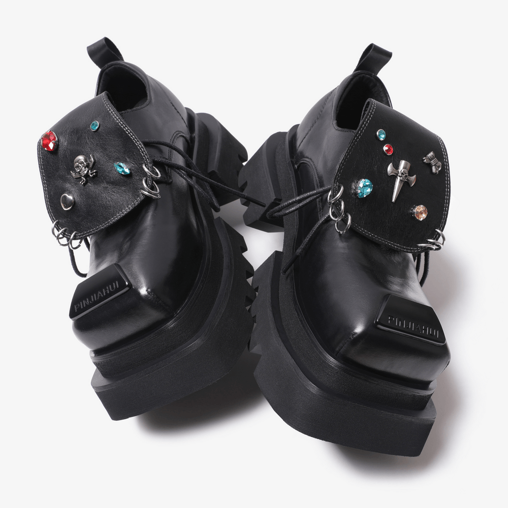Women's Gothic Platform Loafers with Jeweled Flaps black punk chunky sole shoes with charms and metal details