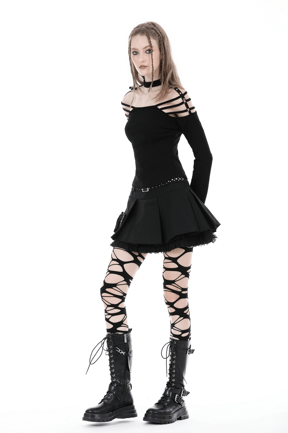 Women's Gothic Pleated Lace Belted Mini Skirt