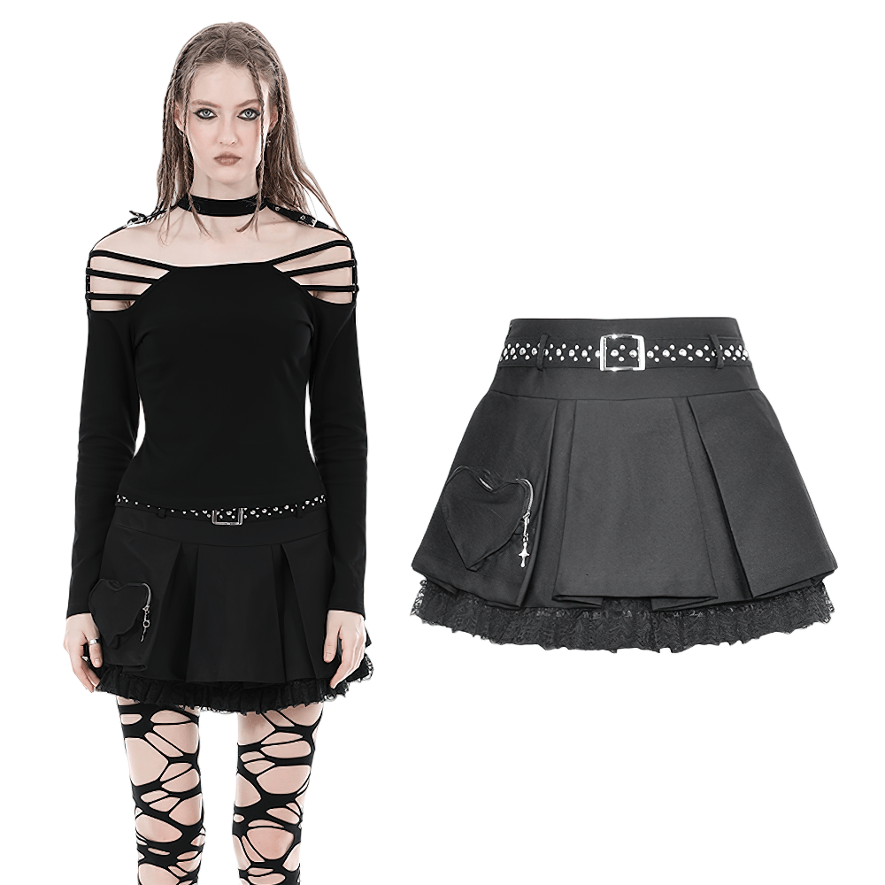 Women's Gothic Pleated Lace Belted Mini Skirt