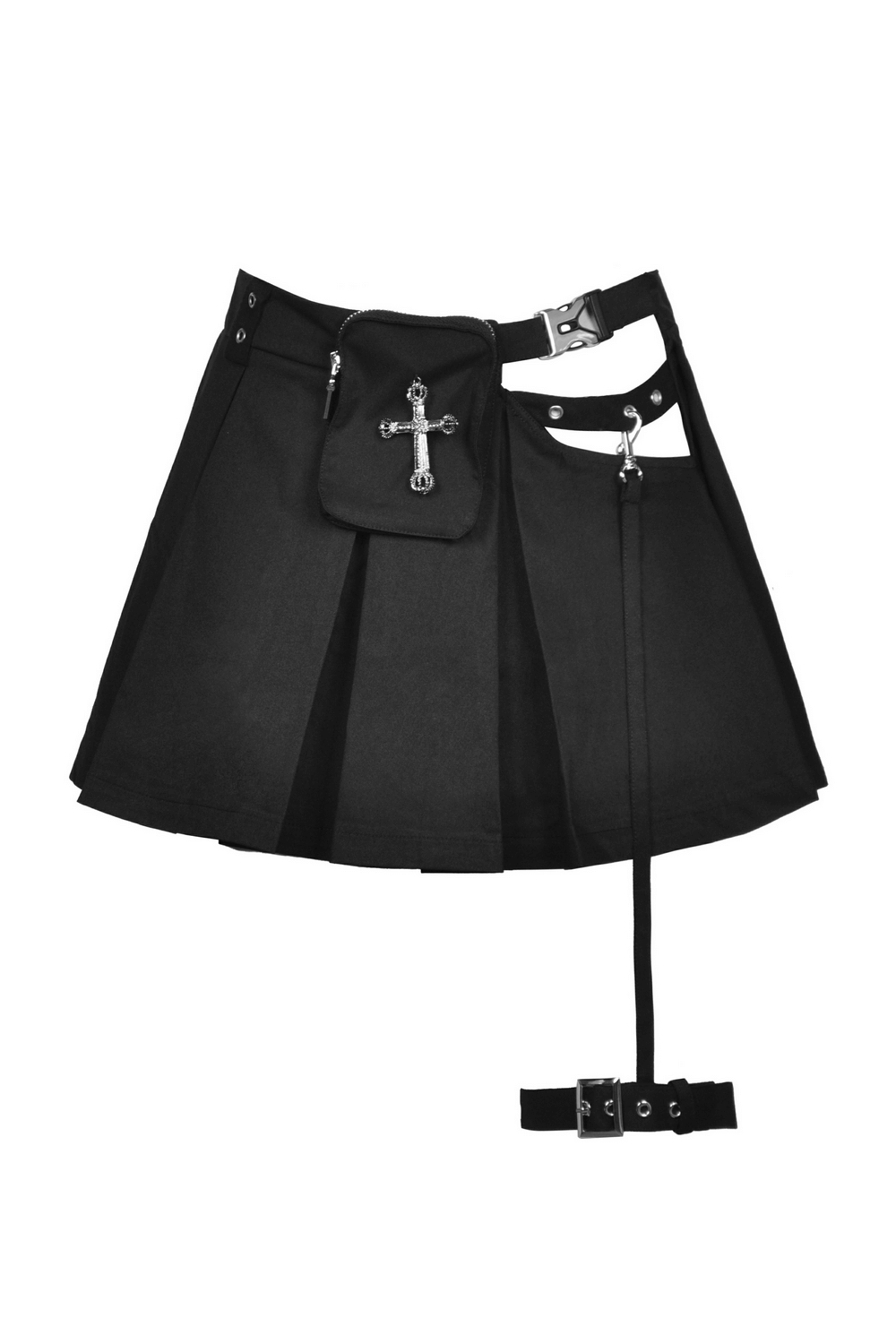 Women's Gothic pleated mini skirt with cross detailing and utility pocket, perfect for dark fashion lovers.