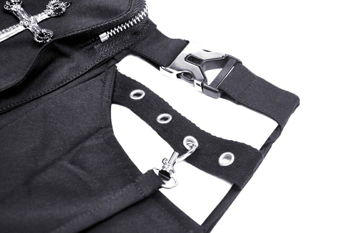 Close-up of black gothic mini skirt showing unique cross detailing and adjustable buckle for a stylish fit.