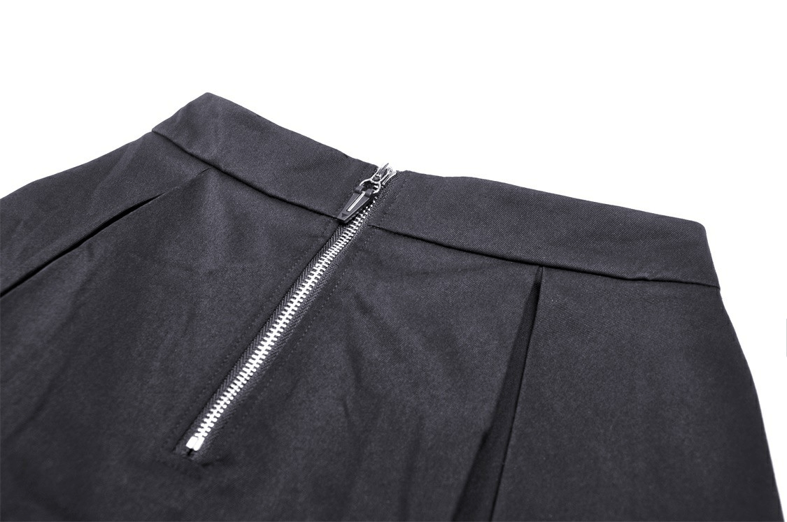 Close-up of the waistband and zipper of a Women's Gothic Pleated Mini Skirt with unique pleats and pocket.