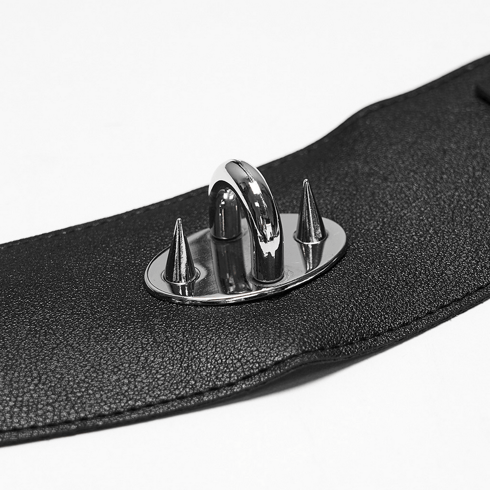Women's Gothic PU Leather Spike and Chain Body Harness with shiny spikes and black buckle strap