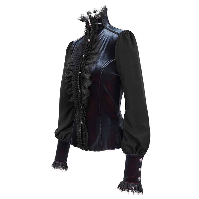 Women's Gothic puff sleeve lace blouse with elegant buttons and vintage cut in black.