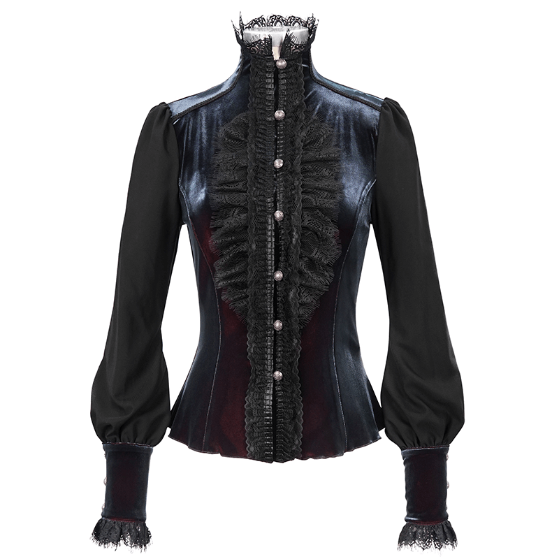 Stylish women's gothic puff sleeve blouse with lace splicing and button details, perfect for a vintage-inspired look.