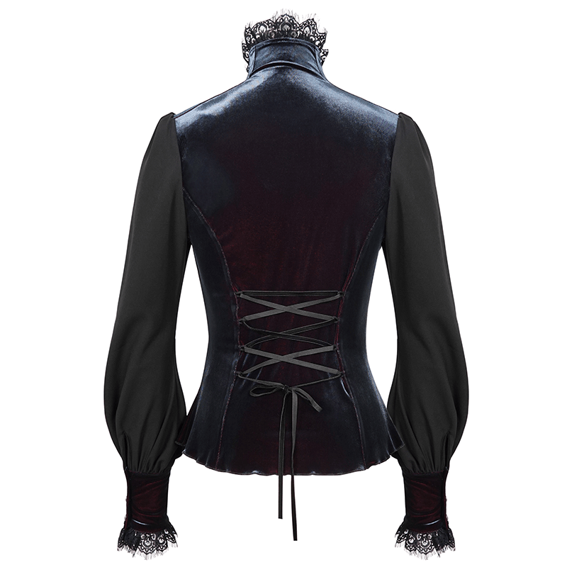 Back view of a women's gothic puff sleeve shirt with lace and ribbon detailing, showcasing a stylish vintage design.