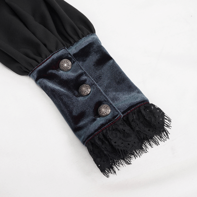 Close-up of gothic women's blouse sleeve with lace trim and buttons for elegant style.