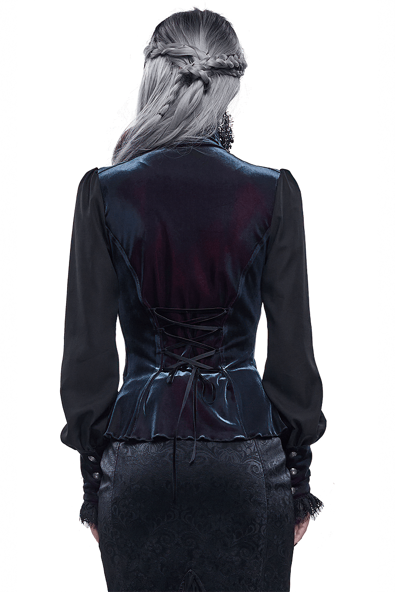 Back view of a women's gothic puff sleeve shirt with lace-up detail and elegant design.