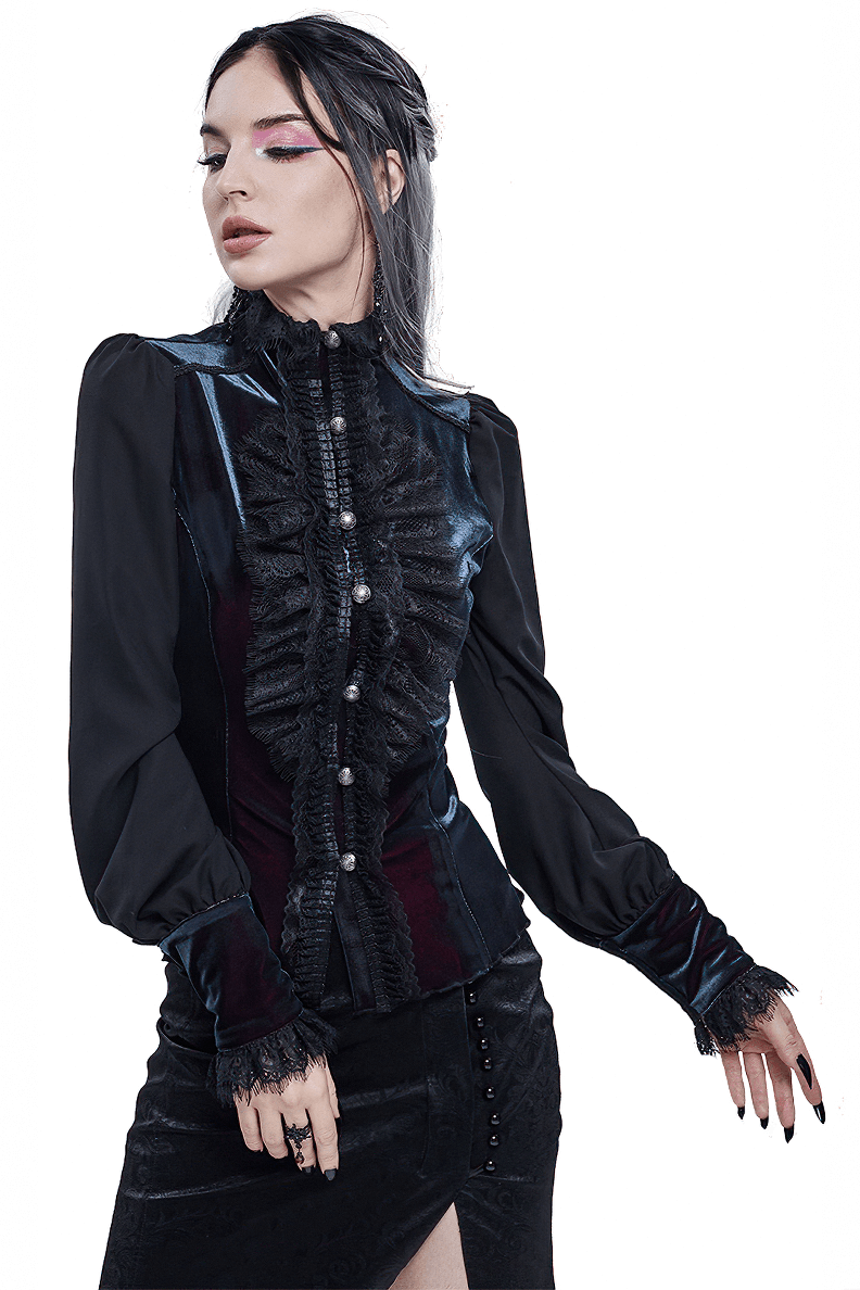Elegant women's gothic puff sleeve shirt featuring lace details and a button-down front.