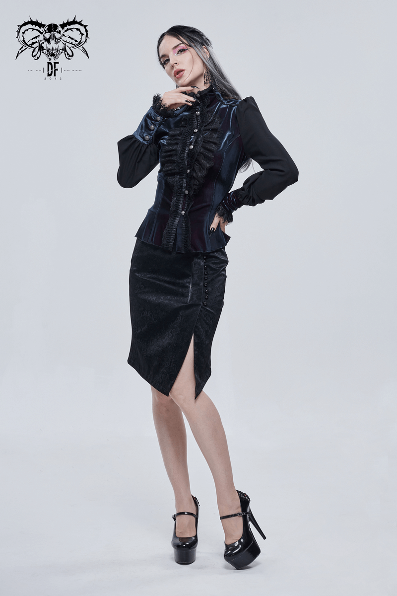 Gothic women's blouse with puff sleeves and lace inserts, paired with a chic skirt, showcasing an elegant look.