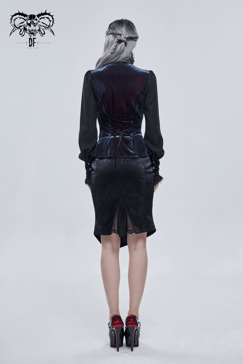 Back view of women's gothic puff sleeve shirt paired with a stylish black skirt and chic heels.
