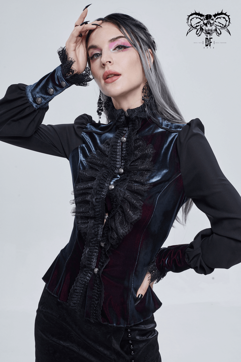 Women's Gothic puff sleeve blouse with lace detailing and buttons, perfect for a stylish vintage look.
