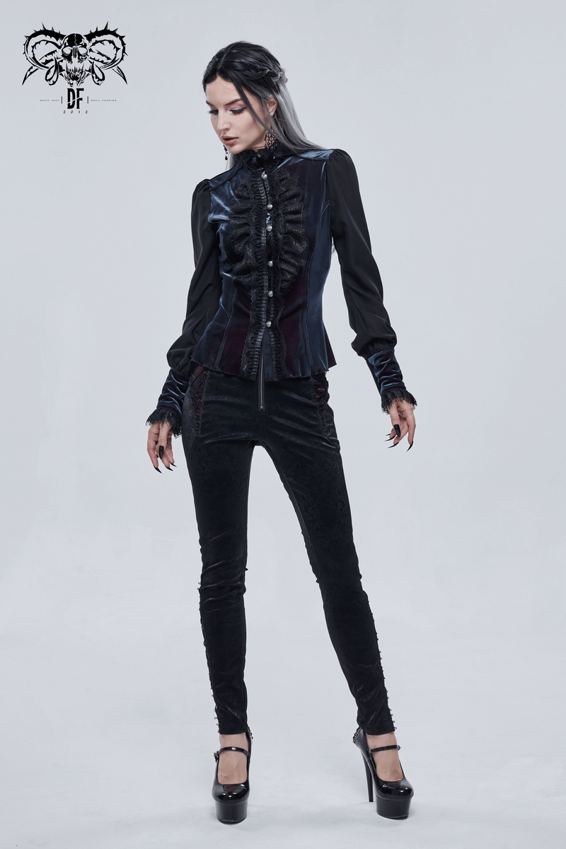 Gothic style women's puff sleeve shirt with lace inserts, featuring a vintage cut and black fabric, perfect for elegant looks.