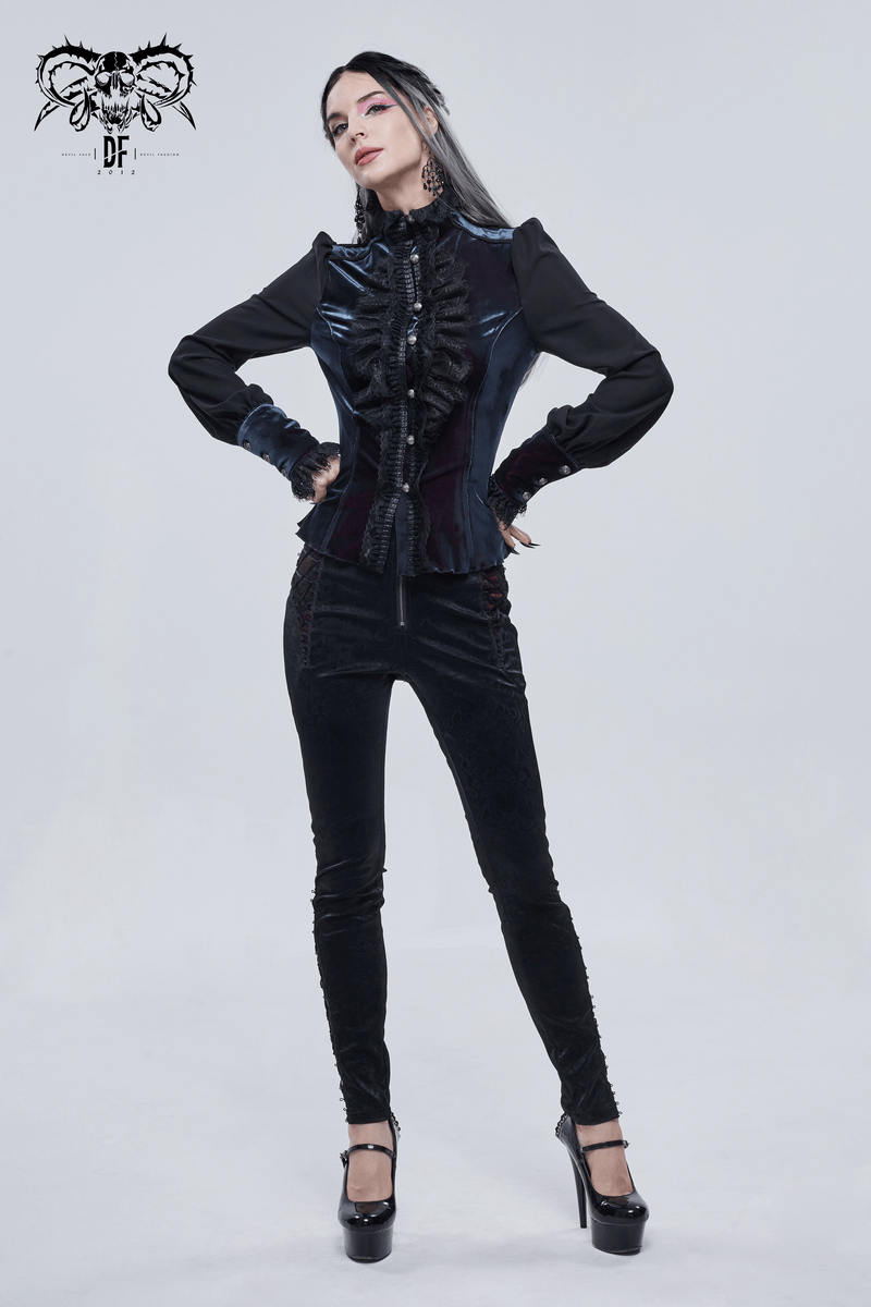 Model wearing a women's gothic puff sleeve lace blouse with a sleek fit and stylish black pants, showcasing elegant fashion.