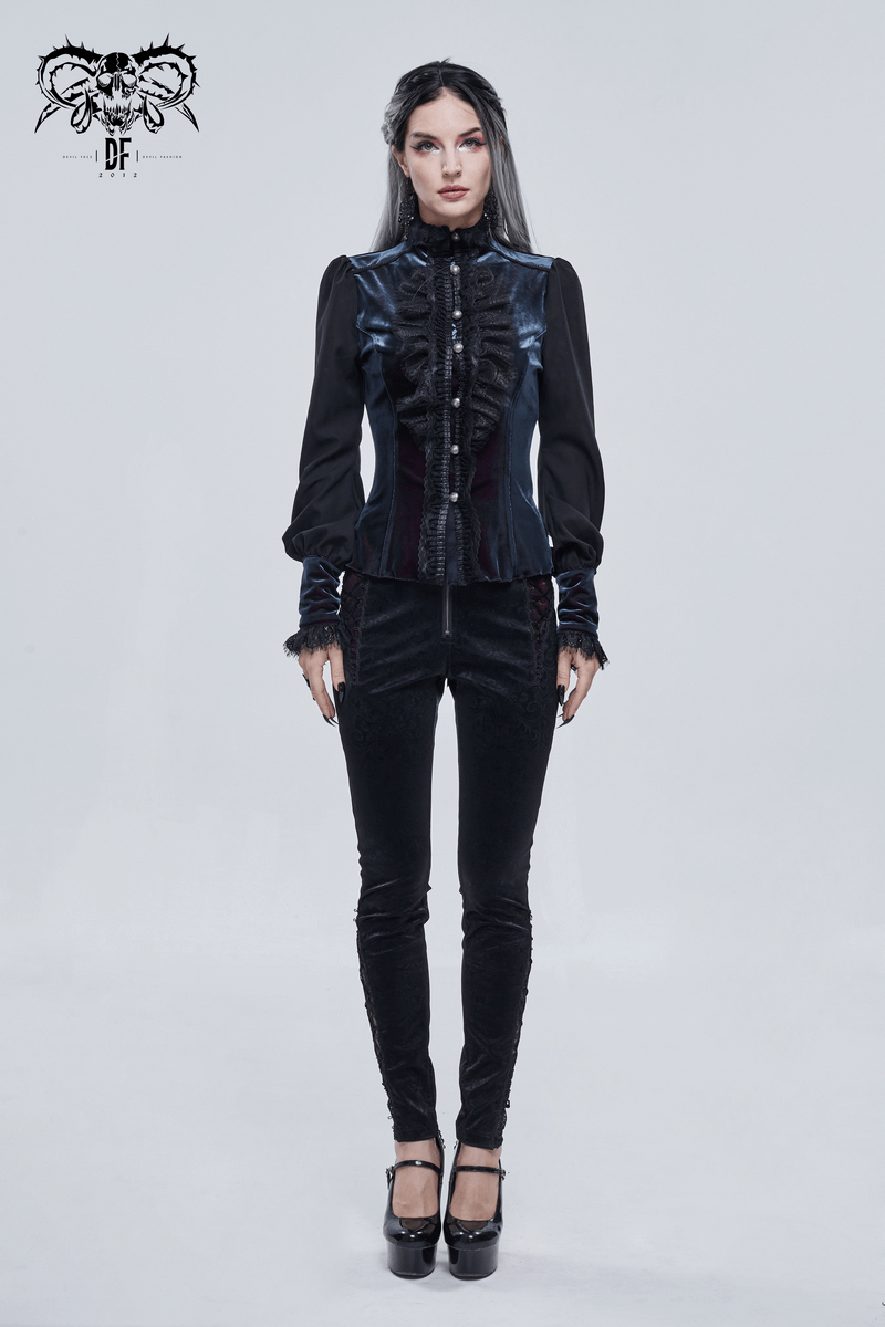 Gothic women's puff sleeve lace shirt, stylish black blouse with buttons, elegant vintage design.