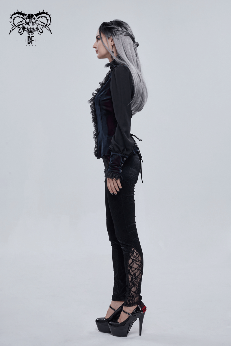 Elegant woman in gothic puff sleeve shirt and stylish black pants, showcasing a stunning gothic fashion look.